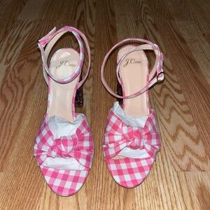 J.Crew sparkle and pink / white gingham block heel